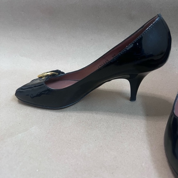 Giuseppe Zanotti Women’s Black Patent With Gold Buckle Peep Toe Heels 37 - Picture 7 of 10
